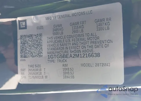 2021 GMC Canyon Elevation z USA, uszkodzony, nr VIN 1GTG5BEA2M1216638